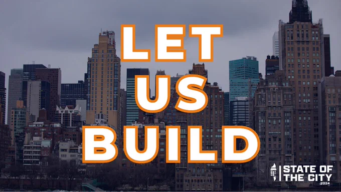 A graphic of the cityscape with text reading "LET US BUILD"