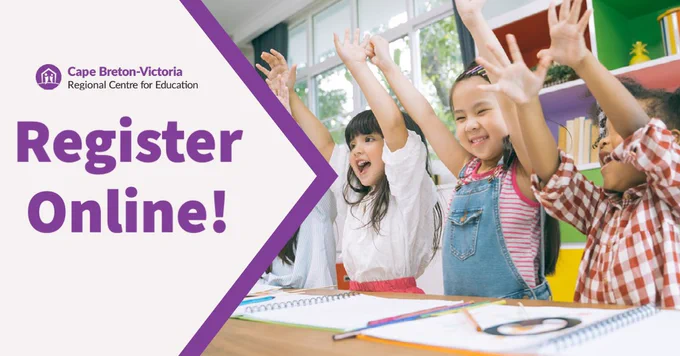 White text block to the left of the graphic with the CBVRCE logo above the words "Register Online!" to the right of the graphic, there's an image of young children at a desk with their hands raised up in the air.