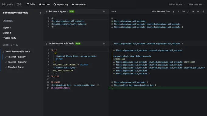 A screenshot of Bitauth IDE editing a "2-of-2 Recoverable Vault" wallet template. The "Recover – Signer 1" unlocking script is being evaluated before the "2-of-2 Recoverable Vault" locking script, and an interactive stack viewer displays the state of the virtual machine stack across every step of the evaluation.