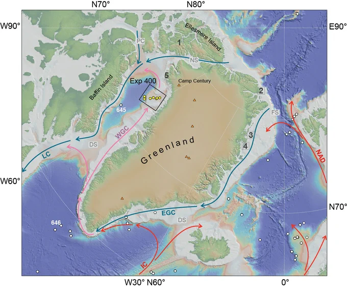 Topographic/bathymetric map showing Expedition 400 transect sites in relation to existing ODP/Integrated Ocean Drilling Program/IODP sites (white circles) and near-surface ocean currents.