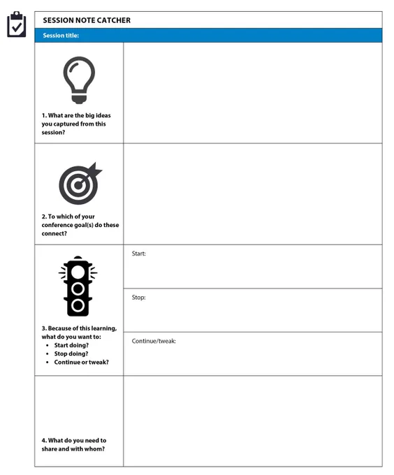 Screenshot of a tool from the linked toolkit, featuring a "session note catcher" that prompts educators to reflect on learning immediately after conference sessions.