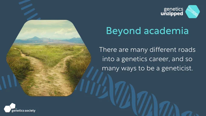 Image: Photograph of a path splitting into two paths. Text: Beyond academia. There are many different roads into a genetics career, and so many ways to be a geneticist.