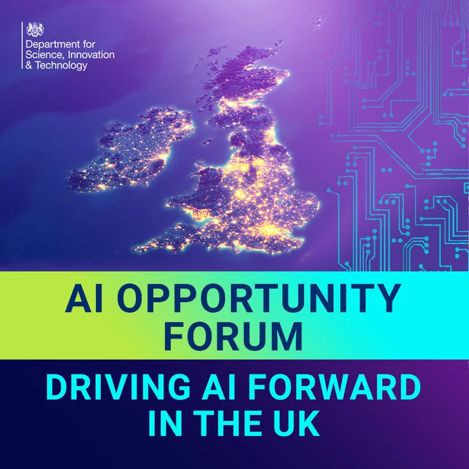 The UK from space, lit up with circuitboard patterns. Text reads 'AI Opportunity Forum: Driving AI forward in the UK'