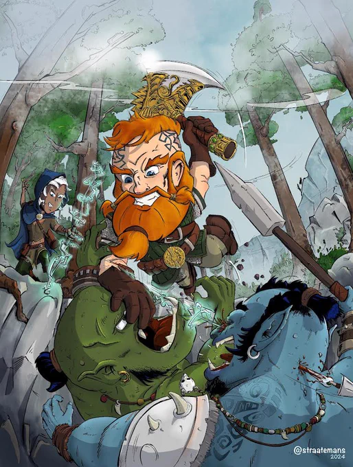 A dwarf ambushing 2 orcs. While a dark elf shoots a magic arrow through the eye of one of the orcs