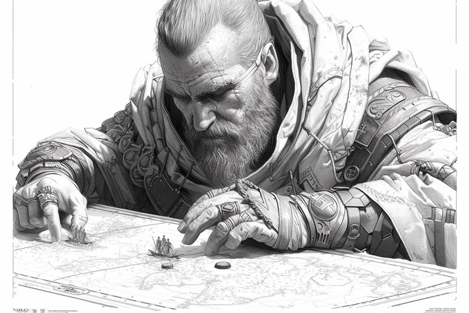 Black and white vector line drawing, a grandmaster chess player contemplating a complex board setup, in extremely fine detail, in the style of Enki Bilal