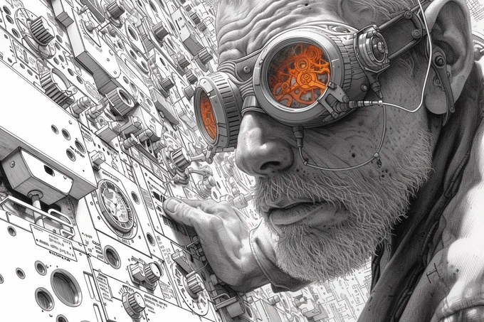Black and white vector line drawing, a steampunk inventor with goggles adjusting a complex clockwork mechanism, in extremely fine detail, in the style of Enki Bilal