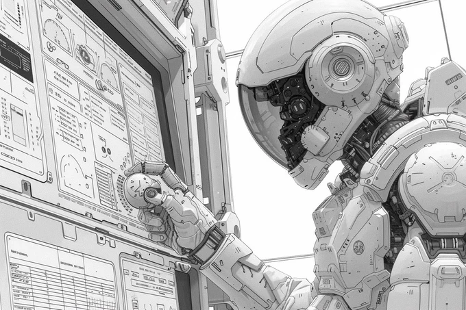 Black and white vector line drawing, an AI specialist interfacing with sentient androids in a state-of-the-art lab, in extremely fine detail, in the style of Enki Bilal