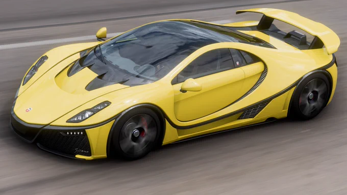 A 2016 GTA Spano finished in my interpretation of Viper Race Yellow (an early draft) speeding along the highway in Forza Horizon 5.