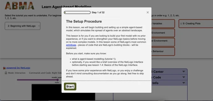 A screenshot of Step 1 of Tutorial 2: Beginning with NetLogo. This tutorial guides you through beginning to build and set up a simple agent-based model, which simulates the spread of agents over an abstract landscape.