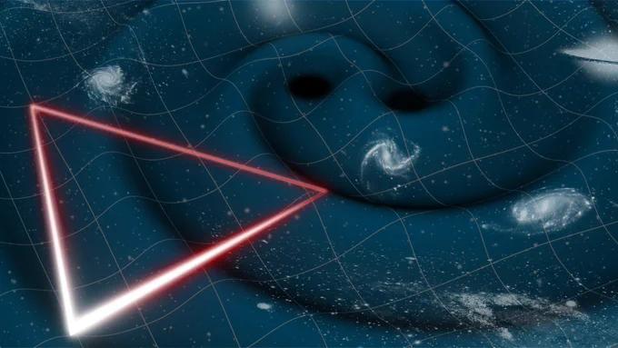 Artists impression of LISA which will examine the ripples in spacetime from space.