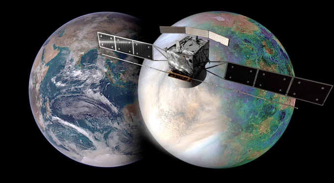 Artist impression of ESA's EnVision mission showing the spacecraft in front of Earth and Venus.