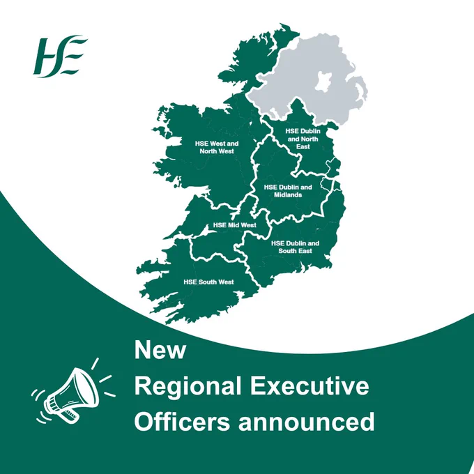 A map of Ireland, showing the new HSE health regions. The caption reads "New Regional Executive Officers announced" 