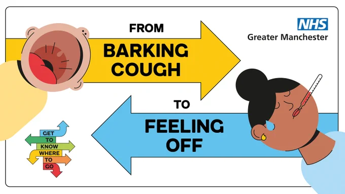 Cartoon of a crying baby and a person with a thermometer in their mouth and a bead of sweat on their forehead. A stack of arrows contains the words get to know where to go. Text: from barking cough to feeling off, find the treatment you need at 111.nhs.uk or call 111.Logo: NHS Greater Manchester.