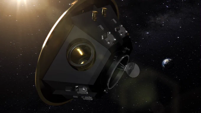 A visualisation of one of the LISA space craft in space with the Sun shining on it and the Earth in the distance background. 
Image credit: AEI/MM/Exozet. 