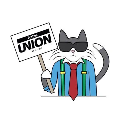 A cat in black glasses and suspenders holding a picket sign that says forbes union