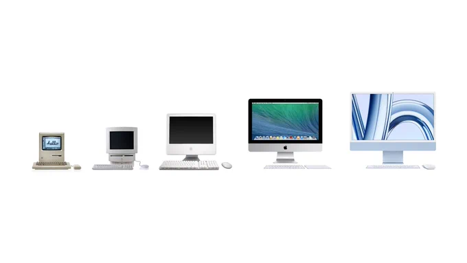 Picture showing a Macintosh 128K, Macintosh LC 570, iMac G5, 2014 Retina iMac and iMac M2.