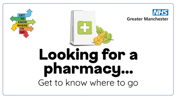Cartoon of a white paper pharmacy bag with a cross on it next to autumnal leaves. A stack of arrows contains the words get to know where to go. Text: looking for a pharmacy? Get to know where to go. Logo: NHS Greater Manchester.