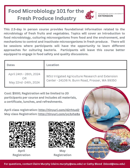 Food Micro 101  for Fresh Produce Industry training flyer for April and May.  Training costs $500.   Links to register.