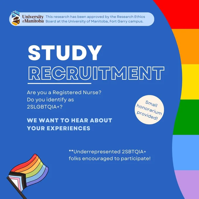Blue background with a rainbow pride flag on the right side. Progress pride flag in the the left lower corner. Image text states: University of Manitoba. This research has been approved by the Research Ethics Board at the University of Manitoba, Fort Garry campus. STUDY RECRUITMENT, Are you a Registered Nurse? Do you identify as 2SLGBTQIA ? WE WANT TO HEAR ABOUT YOUR EXPERIENCES. Small honorarium provided! **Underrepresented 2SBTQIA  folks encouraged to participate!