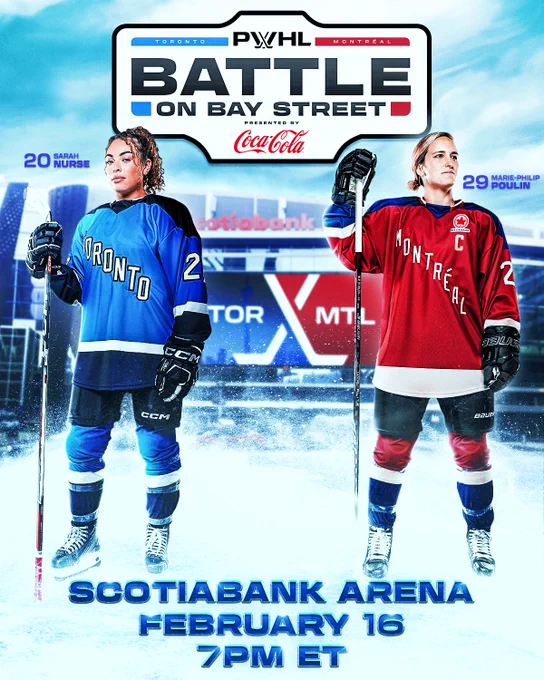 A match-up announcement graphic for the Battle on Bay Street presented by Coca-Cola. 

ScotiaBank Arena is in the background with a Toronto vs Montréal match-up graphic on the large screen. In front of the arena are Toronto’s Sarah Nurse in their blue jersey and Montréal's Marie-Philip Poulin in their burgundy jersey. 

Across the bottom it reads:
ScotiaBank Arena
February 16
7:00pm ET