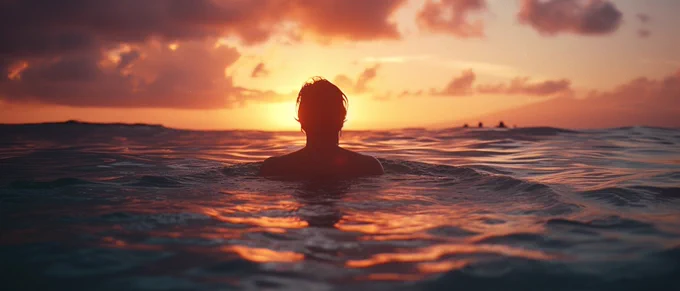 Cinematic still of [a swimmer] [emerging from the ocean] [in Hawaii] [during a vibrant sunrise]. Minimalist gothic ambiance, enigmatic, rollerwave aesthetic, urban earthworks backdrop. Captured on Kodak Ektar 100, soft lighting, low key contrasts, film grain, wide angle --ar 21:9 --v 6