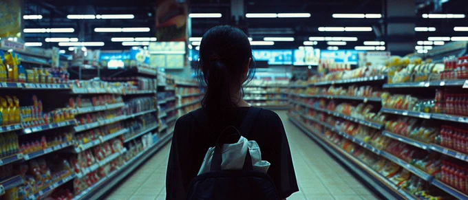 Cinematic still of [a woman] [shopping] on an [supermarket] in [midday]. Minimalist gothic ambiance, enigmatic, rollerwave aesthetic, urban earthworks backdrop. Captured on Kodak Ektar 100, soft lighting, low key contrasts, film grain, wide angle --ar 21:9 --v 6