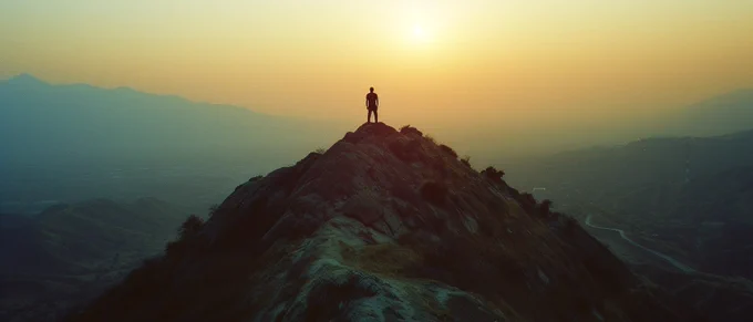 Cinematic still of [a a hiker] [reaching] [the summit of a mountain] at [sunset]. Minimalist gothic ambiance, enigmatic, rollerwave aesthetic, urban earthworks backdrop. Captured on Kodak Ektar 100, soft lighting, low key contrasts, film grain, wide angle --ar 21:9 --v 6