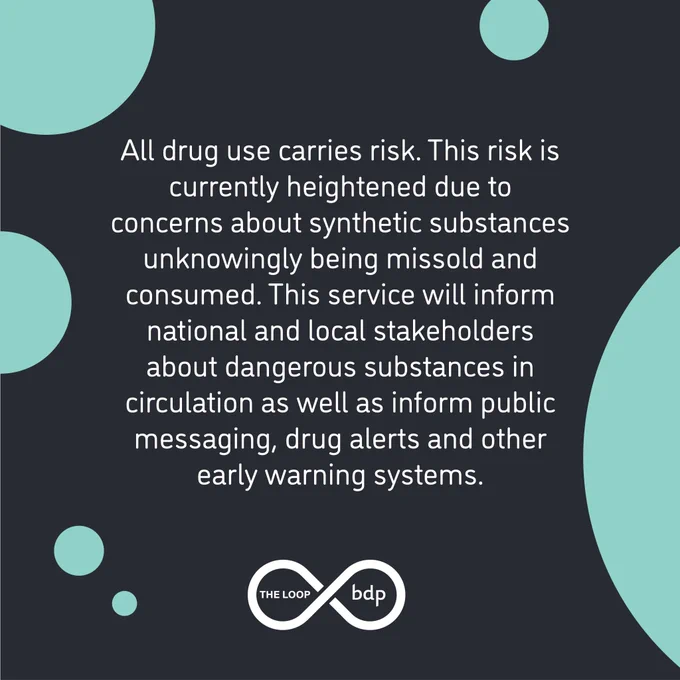 Text reads: All drug use carries risk. This risk is currently heightened due to concerns about synthetic substances unknowingly being missold and consumed. This service will inform national and local stakeholder about dangerous substances in circulation as well as inform public messaging, drug alerts and other early warning systems. 