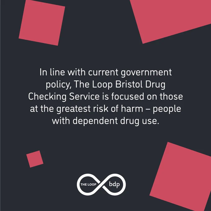 Text reads: In line with current government policy, The Loop Bristol Drug Checking Service is focused on those at the greatest risk of harm - people with dependent drug use. 