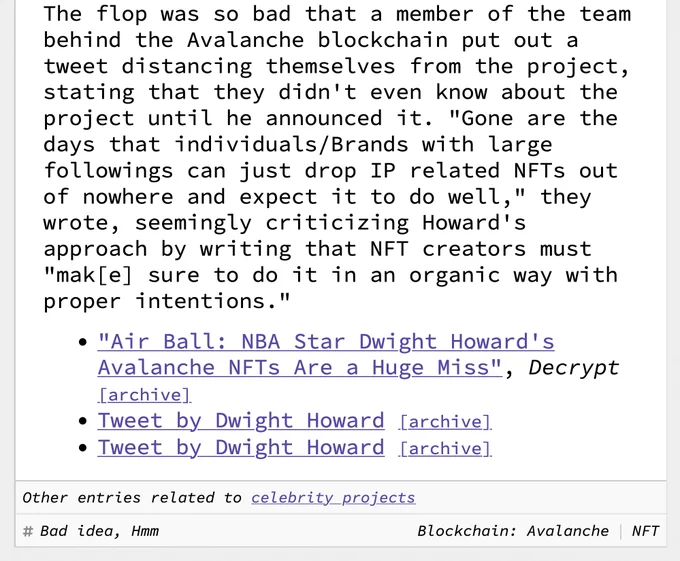 The flop was so bad that a member of the team behind the Avalanche blockchain put out a tweet distancing themselves from the project, stating that they didn't even know about the project until he announced it. "Gone are the days that individuals/Brands with large followings can just drop IP related NFTs out of nowhere and expect it to do well," they wrote, seemingly criticizing Howard's approach by writing that NFT creators must "mak[e] sure to do it in an organic way with proper intentions." 