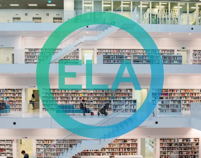 OpenELA logo of a blue green circle surrounding the letters ELA. Background is a three story library wall.