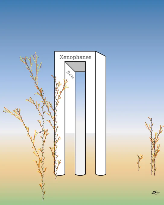 It's a square topped arch. Wait. It's three round pillars topped by a plinth. No wait. Both. Neither. A little bit of gradient tomfoolery and random words engraved on the top and "side" (Xenophanes and Beta) add to the mayhem.