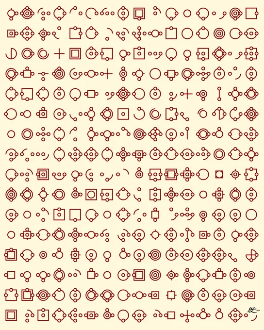 An array of glyphs formed from lines, arcs, squares, and circles. There are two possible squares centered on the middle of the glyph, and two possible similarly sized circles. There are five possible dots, at each cardinal direction and at the center. There are two possible lines, one running vertically and one horizontally. Sometimes when there is only the outer circle we only get a subset of the quarter arcs. Dots do not occur in isolation.