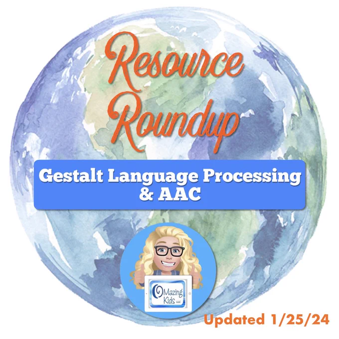 Resource Roundup: Gestalt Language Processing & AAC (updated 1/25/24), on top of a clipart world image.