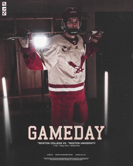 Gameday graphic ft. Eamon Powell in new gold alternate jersey with text "Gameday, No. 2 Boston College vs. No. 1 Boston University, 7 p.m., Kelley Rink, NESN/TSN".