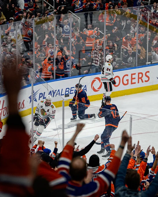 Zach Hyman celebrating a goal at Rogers Place. 