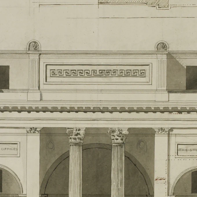 A detail of an architectural drawing of the Lothbury Court at Soane's Bank of England, showing the Greek Key pattern decorating the pediment above two classically-inspired columns.