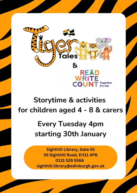 image description: poster with above information and a tiger stripe border. At the top there is the Tiger Tales logo featuring a toucan, lion, tiger, elephant and orangutan. Below it is the Read Write Count logo.