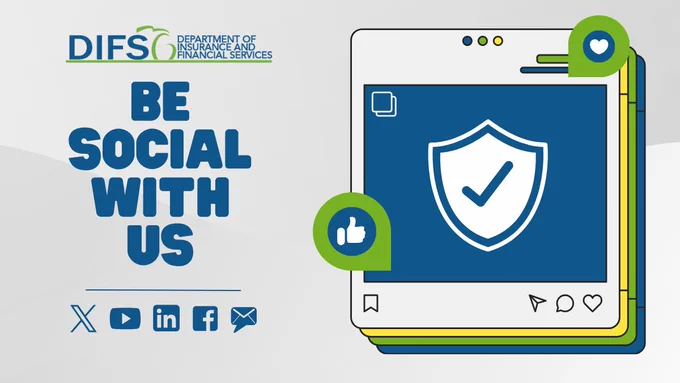 Department of Insurance and Financial Services logo above text reading "Be social with us." Below text are logos for X, YouTube, LinkedIn, Facebook, and email.