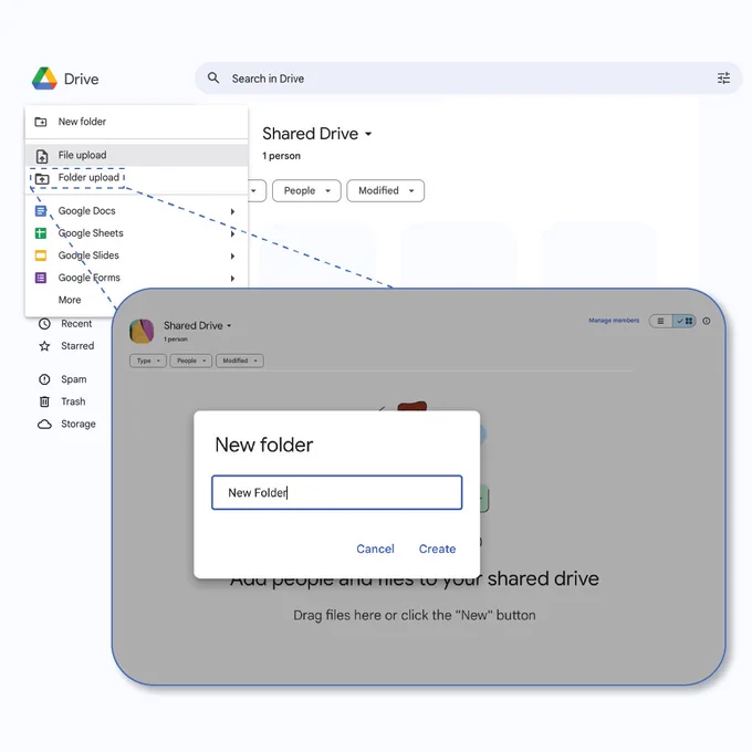 Illustration showing how to create a new shared drive.