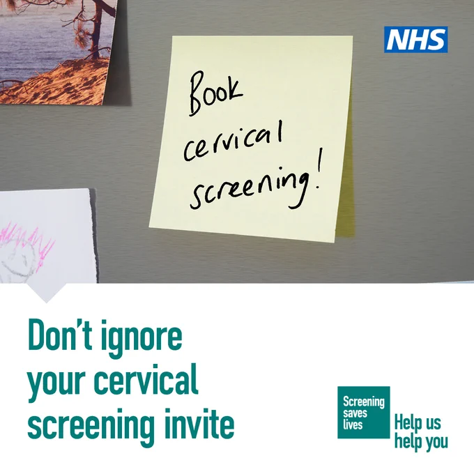 Visual of a post-it note.  The text reads: Book cervical screening! Don’t ignore your cervical screening invite.  Screening saves lives.  Help Us Help You.