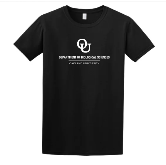 Tshirt imprinted with Interlocking OU logo and Department of Biological Sciences Oakland University