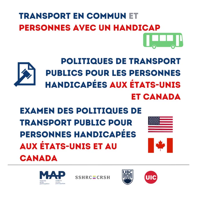 Fond blanc avec titres bleus et rouges. Clipart d’un bus vert, d’un mavel vert et des drapeaux des États-Unis et du Canada. Logos MAP, SSHRC et CRSH, UBC et UIC en bas.