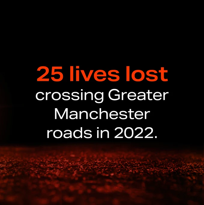 Black background. Graphic text reads, '25 lives lost crossing Greater Manchester roads in 2022.'