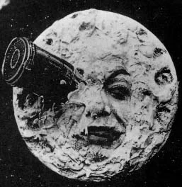 The moon with a rocket landed in its eye. The most iconic shot of 1902 sci-fi film Le Voyage Dans La Lune.