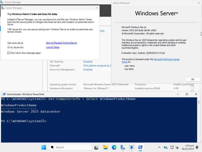 Screenshot of a freshly installed Windows Server insider build showing the desktop with Server Manager open, PowerShell open showing the Get-ComputerInfo Command selecting the Windows Product Name, and the WinVer window up.