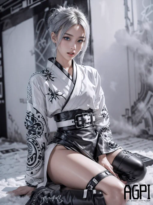 BREAK (punk hairstyle:1.3),(hairstyle with complicated decorations:1.3),  _ (Cityscape background:1.2), (White and black graffiti-covered walls:1.4), _ BREAK (Confident sitting pose:1.2), _ BREAK (wide angle:1.7), _ BREAK（White and black theme:1.4), (Geometric pattern print:1.4),(fusion of traditional High collar kimono and punk elements:1.4), (black leather jacket with white silk kimono:1.2), (silver studded details on kimono:1.2), (punk-inspired accessories, black Leather thigh belt:1.4), _ BREAK (punk-style boots:1.2), 

このプロンプトは、髪に凝ったデコレーションを施されたアレンジヘアスタイルと、都会の雰囲気を感じさせる背景が特徴です。白黒の落書きが施された壁や、大胆で自信に満ちた座り姿勢が組み合わさり、独自の雰囲気を醸し出しています。また、広角の視点で捉えた構図が特徴的で、視覚的なインパクトを与えます。さらに、伝統的な着物とパンクのエッセンスが融合したスタイルで、白いシルクの着物に黒のレザージャケットが組み合わされ、シルバーのスタッズが着物を飾っています。アクセサリーやブーツもパンクスタイルを強調し、全体的に白黒のテーマと幾何学模様が際立っています。