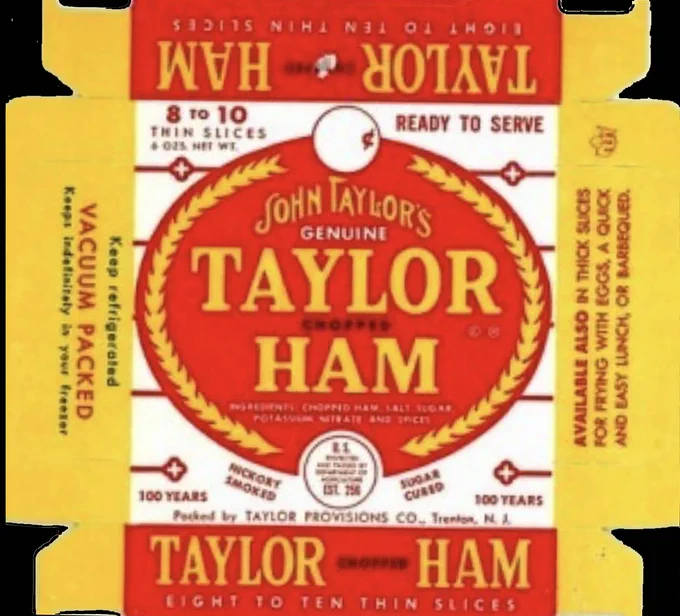 Yellow, red and white box packaging of John Taylor's Genuine Taylor Ham. 