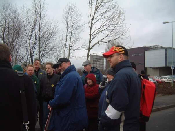 Neil Sharp in the centre of some pickets at Newcastle College, with Jon Bryan at the side.