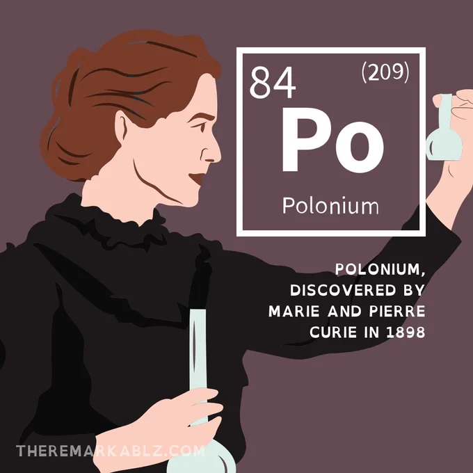 brown background, there is a picture of a marie curie. The element name is featured in top right corner. text reads: Polonium, discovered by Marie and Pierre Curie in 1898